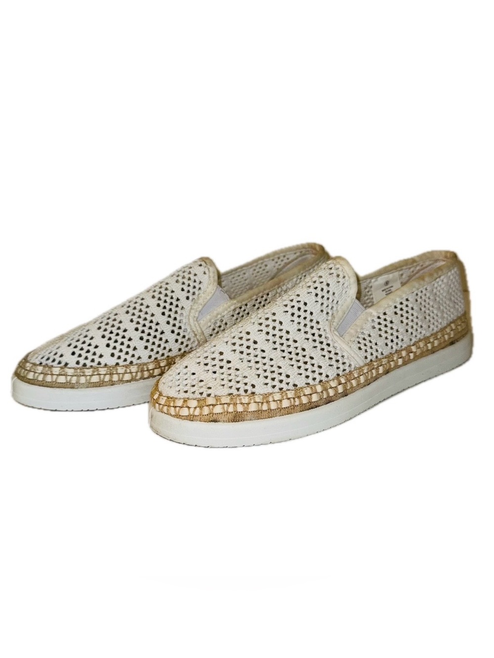 White Casual Crochet Mesh Slip-On Flat Espadrilles, Sz 8